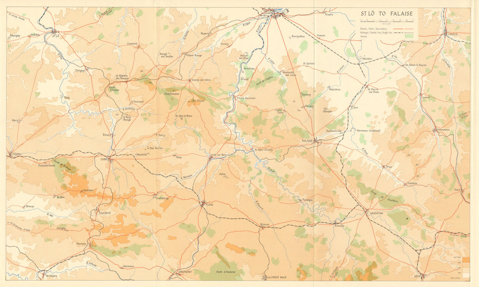 Operation Overlord. St. Lô to Falaise 1944. Caen Normandy 1962 old vintage map